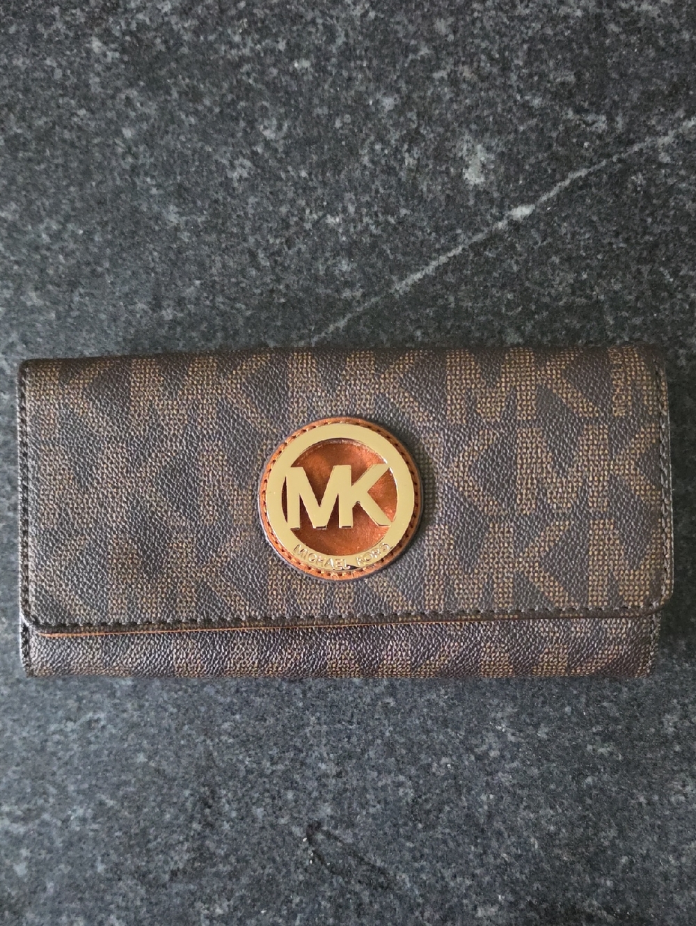 Michael Kors Brown MK Logo Continental Card Holder with Gold Emblem